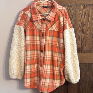 Davi and Dani boutique brand  Orange Plaid Jacket with Cream Sherpa Sleeves
